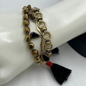 J. Crew Gold Tone Bronze Triple Strand Bracelet Dangles Black Red Tassel